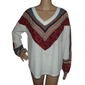 Lovely Melody Waffle Sweater Medium white v-neck animal print thermal fuzzy